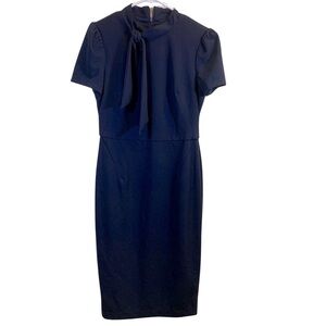 Maggy London Navy Tie Neck Puff Sleeve Scuba Crepe Dress, Women's Size 8